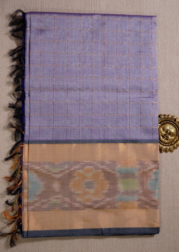 Lilac Pure Cotton Silk Handloom Ikat Border Saree - Image 2