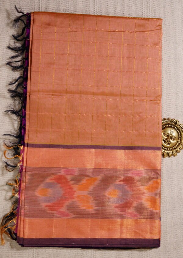 Light Peach Pure Cotton Silk Handloom Ikat Border Saree - Image 2