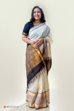 Pearl White Pure Cotton Silk Handloom Ikat Border Saree