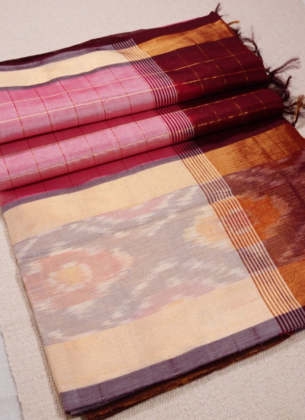 Soft Light Pink Pure Cotton Silk Handloom Ikat border Saree - Image 3