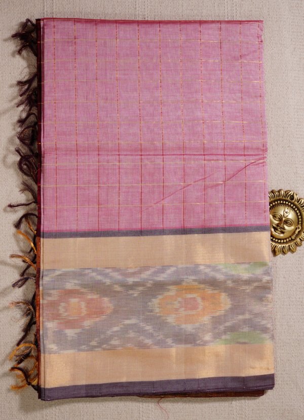 Soft Light Pink Pure Cotton Silk Handloom Ikat border Saree - Image 2