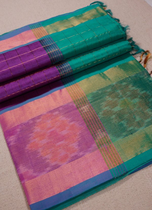 Turquoise Green Pure Cotton Silk Handloom Ikat Border Saree - Image 3