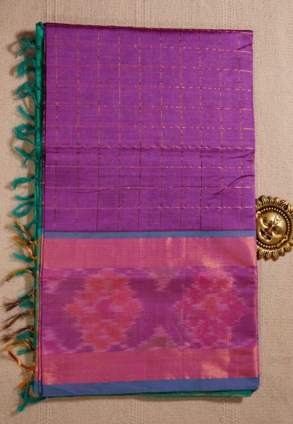 Turquoise Green Pure Cotton Silk Handloom Ikat Border Saree - Image 2