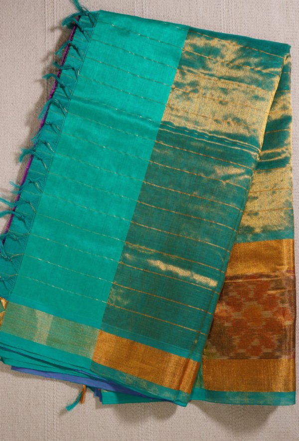 Turquoise Green Pure Cotton Silk Handloom Ikat Border Saree - Image 4