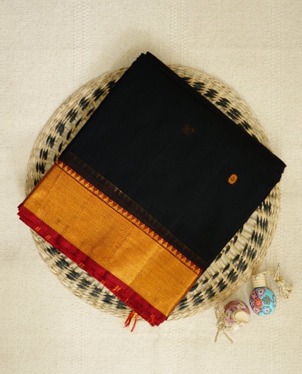Black Narayanpet Golden Zari Border Saree