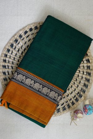 Bottle Green Narayanpet Elephant Border Saree