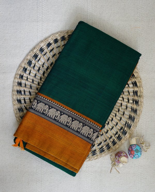 Bottle Green Narayanpet Elephant Border Saree
