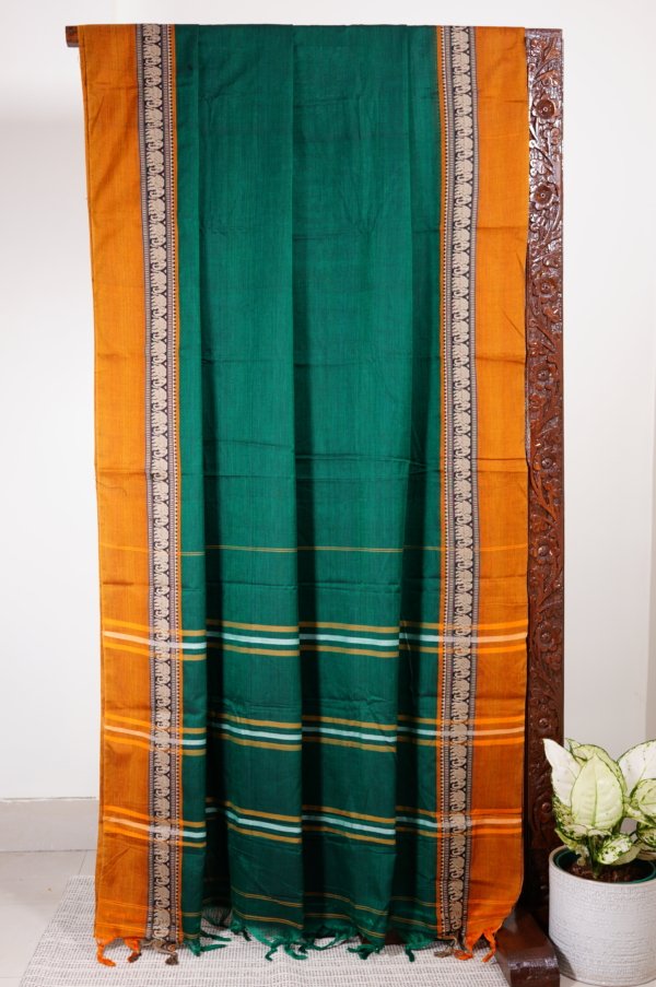 Bottle Green Narayanpet Elephant Border Saree - Image 3