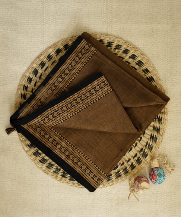 Brown Narayanpet Small Border Saree - Image 2