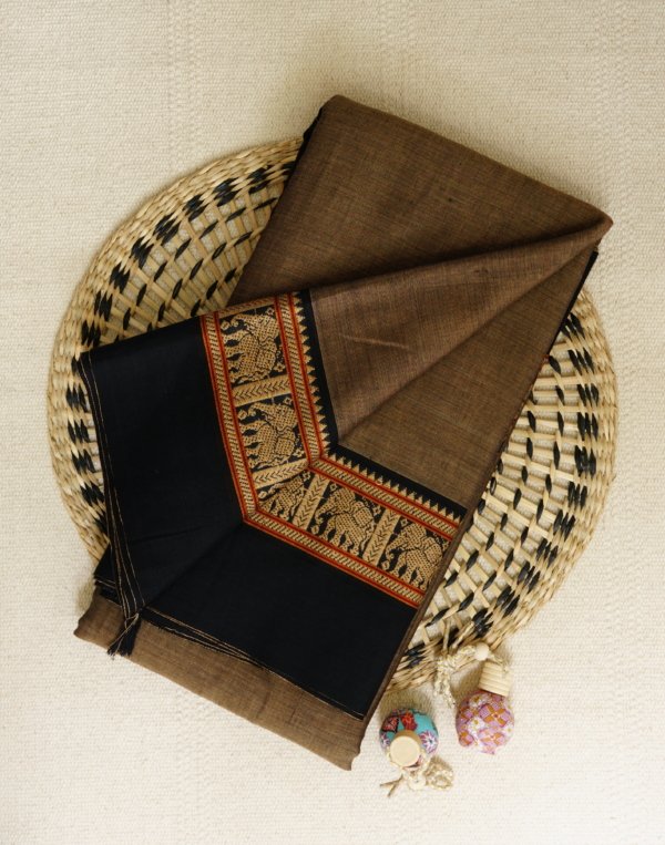 Grey Narayanpet Elephant Border Saree - Image 2