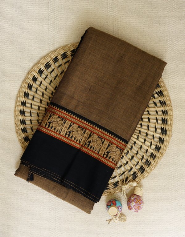 Grey Narayanpet Elephant Border Saree