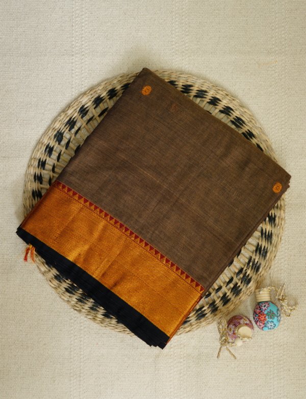 Coffee Brown Narayanpet Golden Zari Border Saree