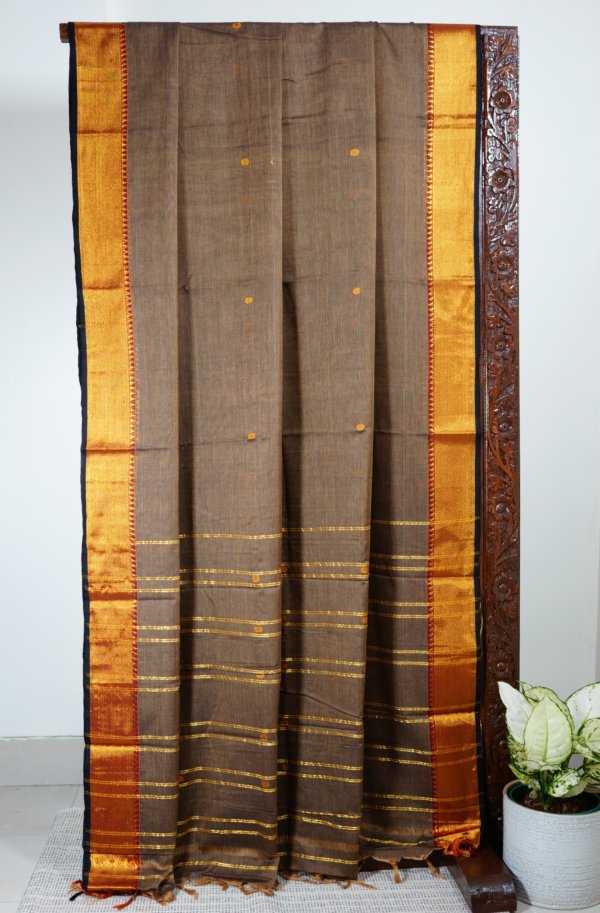 Coffee Brown Narayanpet Golden Zari Border Saree - Image 4