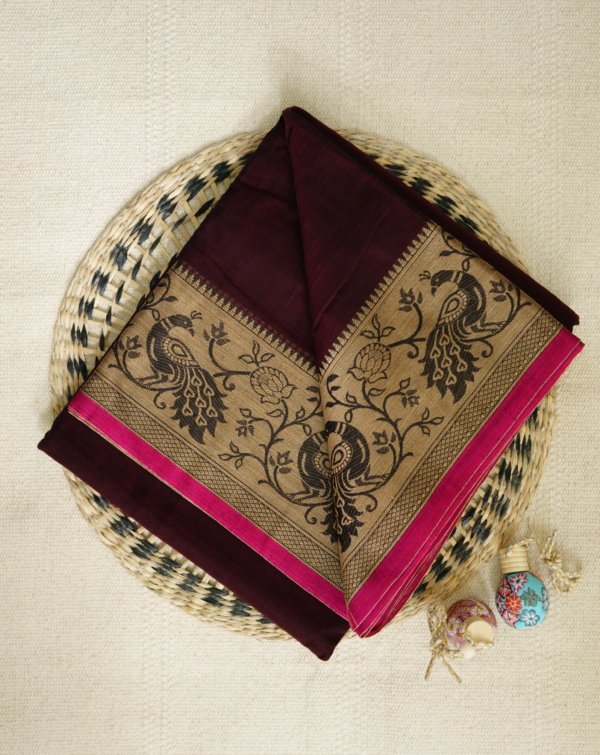 Dark Maroon Narayanpet Peacock Border Saree - Image 2