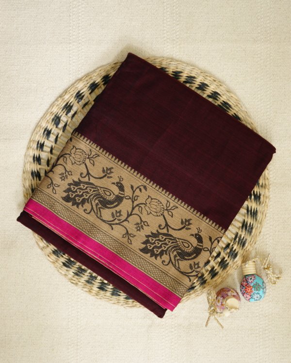 Dark Maroon Narayanpet Peacock Border Saree