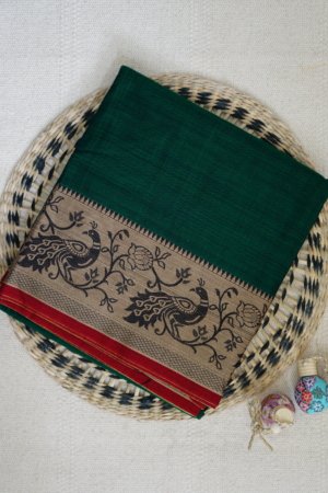 Green Narayanpet Peacock Border Saree