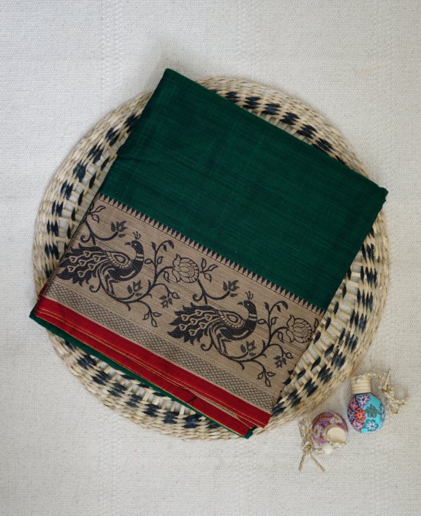Green Narayanpet Peacock Border Saree