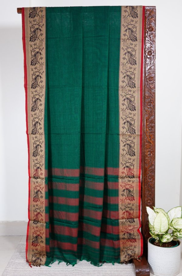 Green Narayanpet Peacock Border Saree - Image 3
