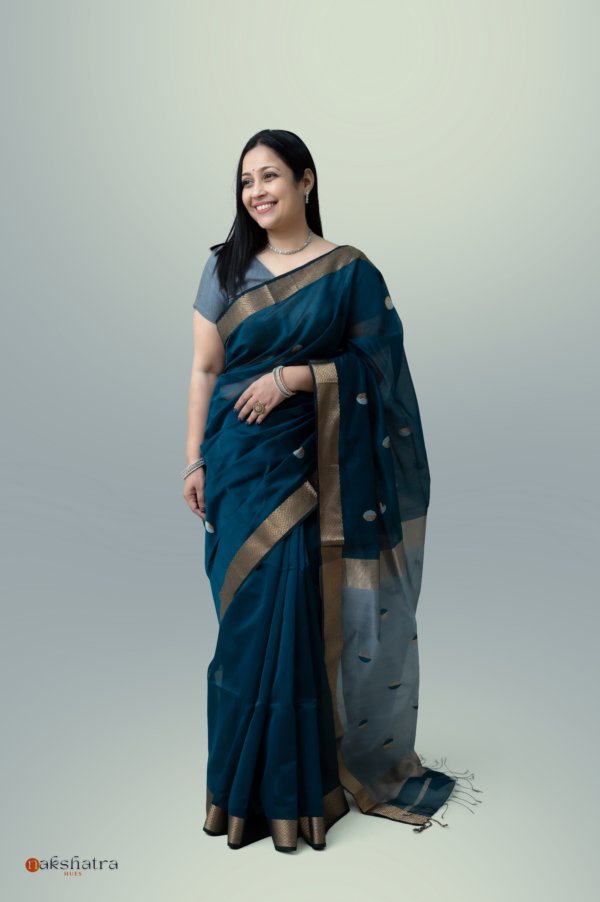Teal and Grey Maheshwari with Coin Butti Saree
