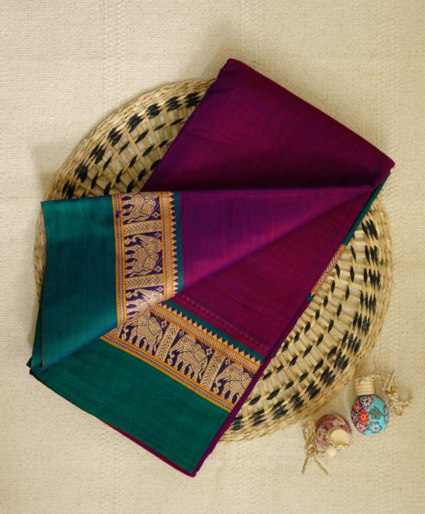 Magenta Narayanpet Elephant Border Saree - Image 2