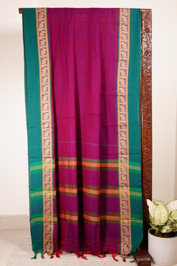 Magenta Narayanpet Elephant Border Saree - Image 3