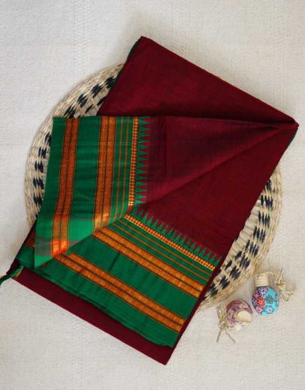 Maroon Narayanpet Temple Border Saree - Image 2