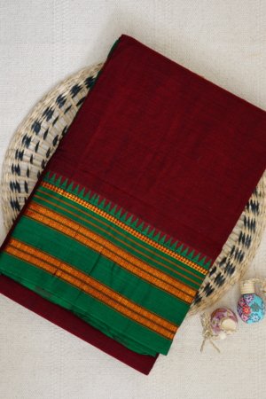 Maroon Narayanpet Temple Border Saree