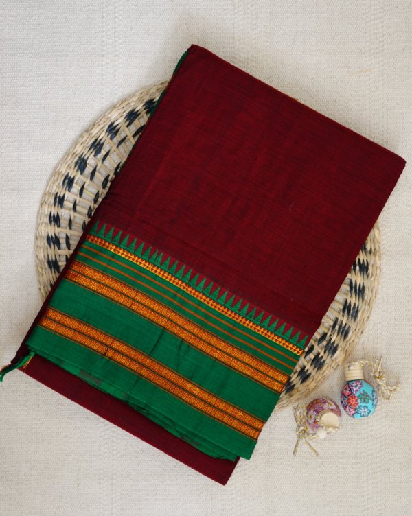 Maroon Narayanpet Temple Border Saree