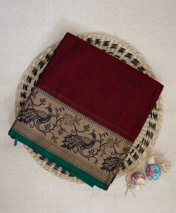 Maroon Narayanpet Peacock Border Saree