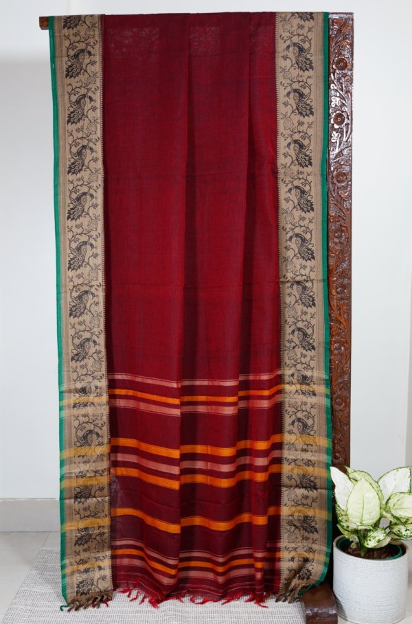 Maroon Narayanpet Peacock Border Saree - Image 3