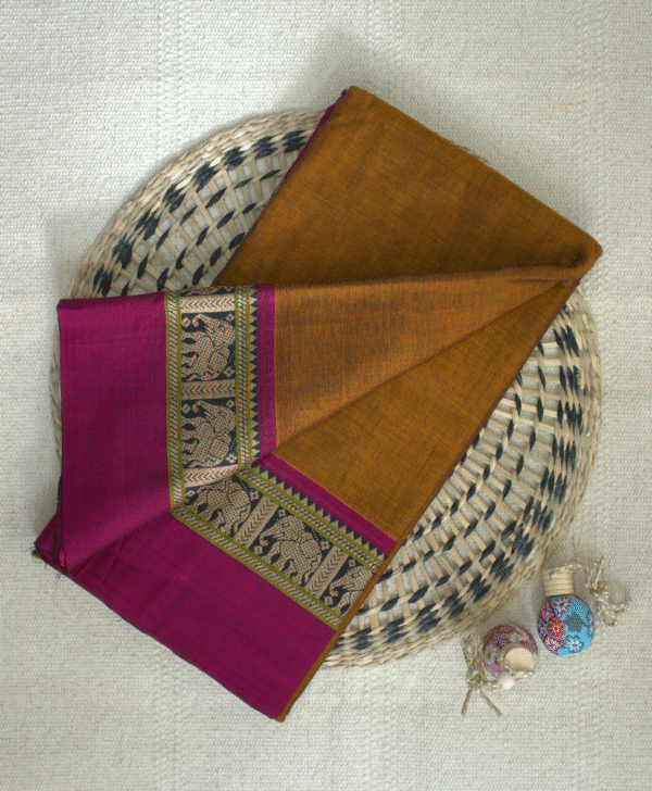 Mustard Narayanpet Elephant Border Saree - Image 2
