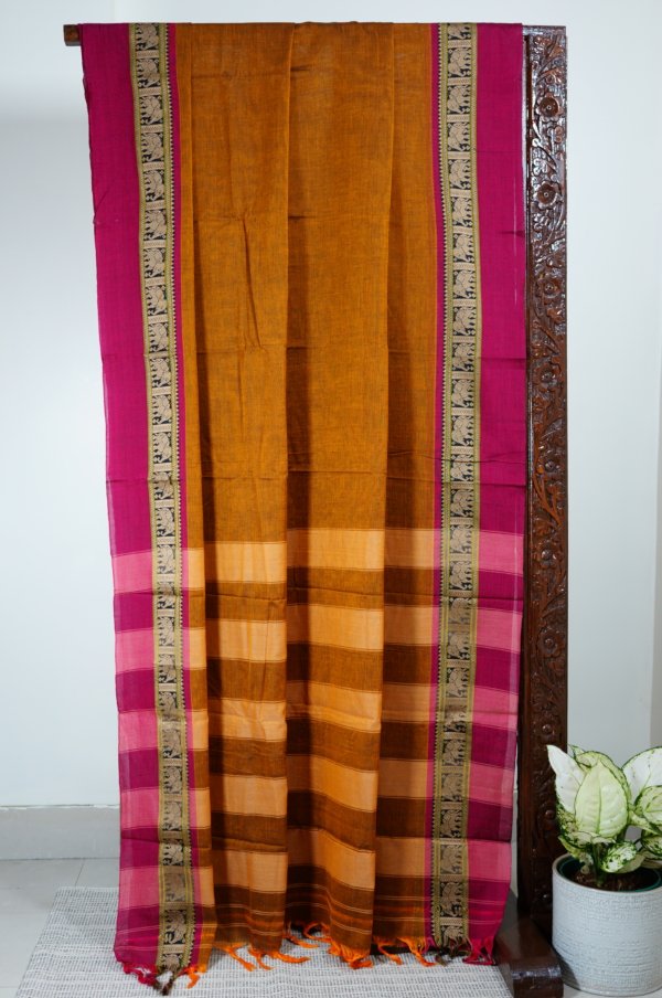 Mustard Narayanpet Elephant Border Saree - Image 3