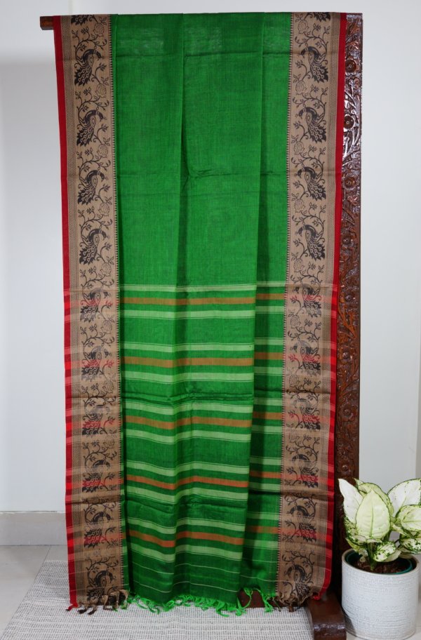 Parrot Green Narayanpet Peacock Border Saree - Image 3