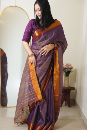 Purple Narayanpet Golden Zari Border Saree