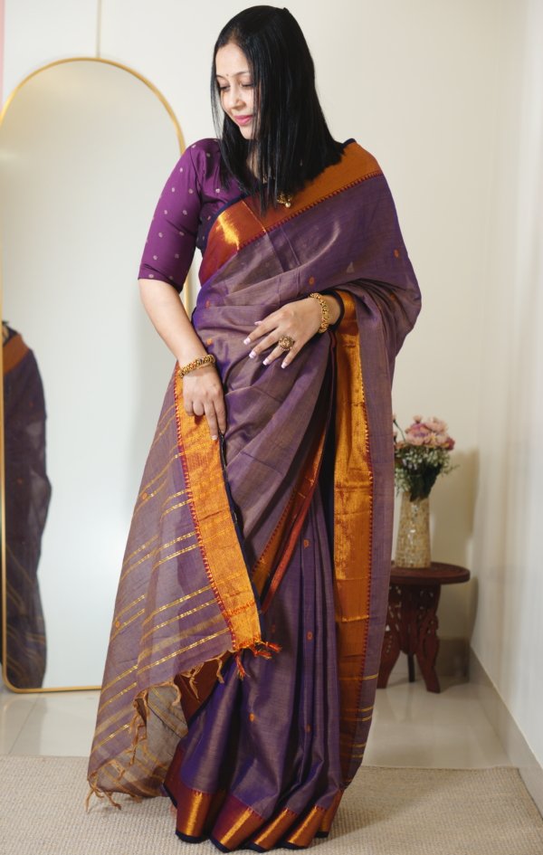 Purple Narayanpet Golden Zari Border Saree