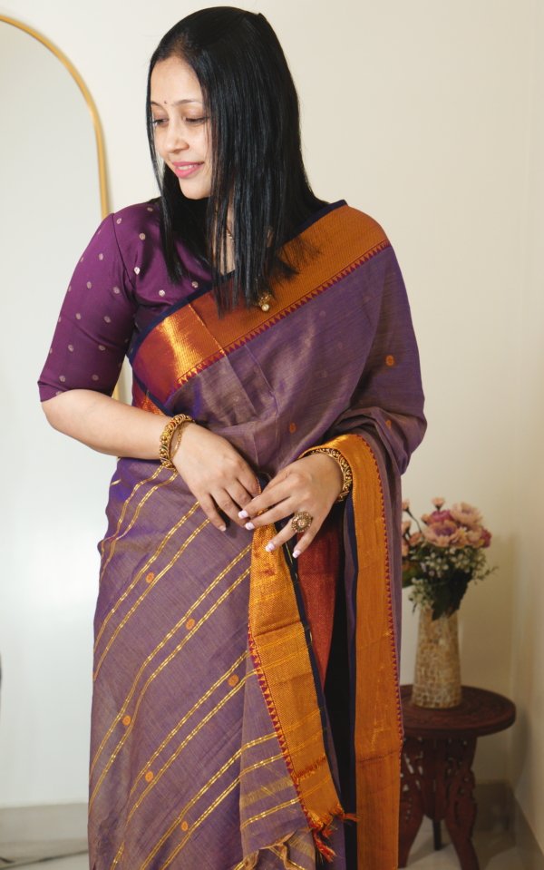 Purple Narayanpet Golden Zari Border Saree - Image 2