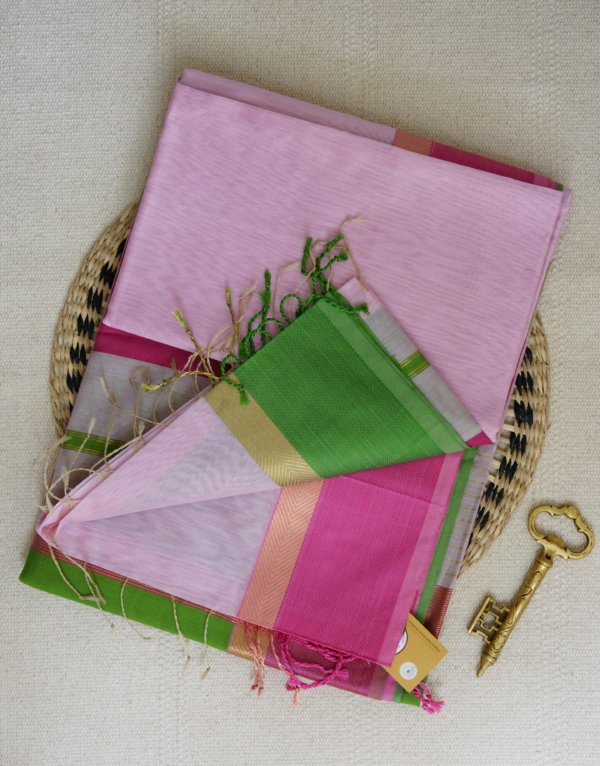 Pink Maheshwari Ganga Jamuna Border Saree - Image 4