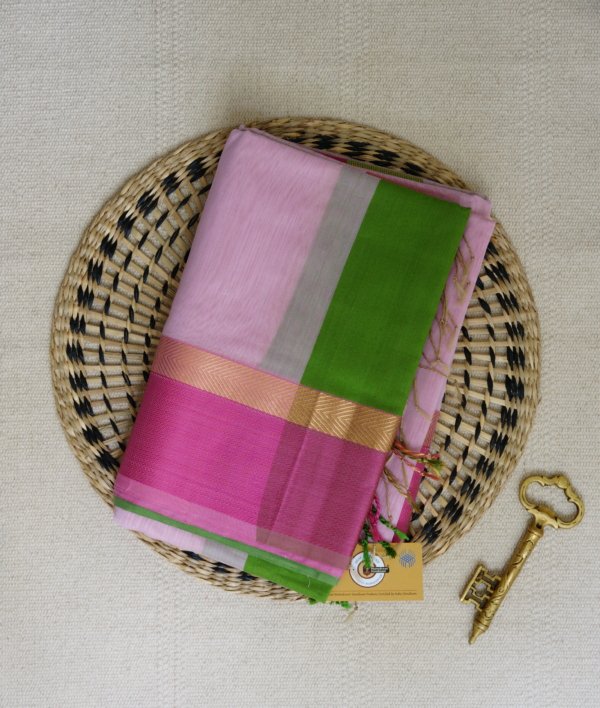 Pink Maheshwari Ganga Jamuna Border Saree - Image 2