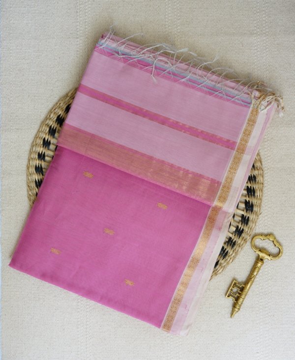 Pink Maheshwari Thin Zari Border with Butti Saree - Image 4