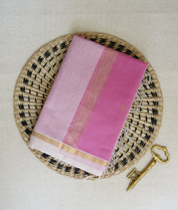 Pink Maheshwari Thin Zari Border with Butti Saree - Image 2