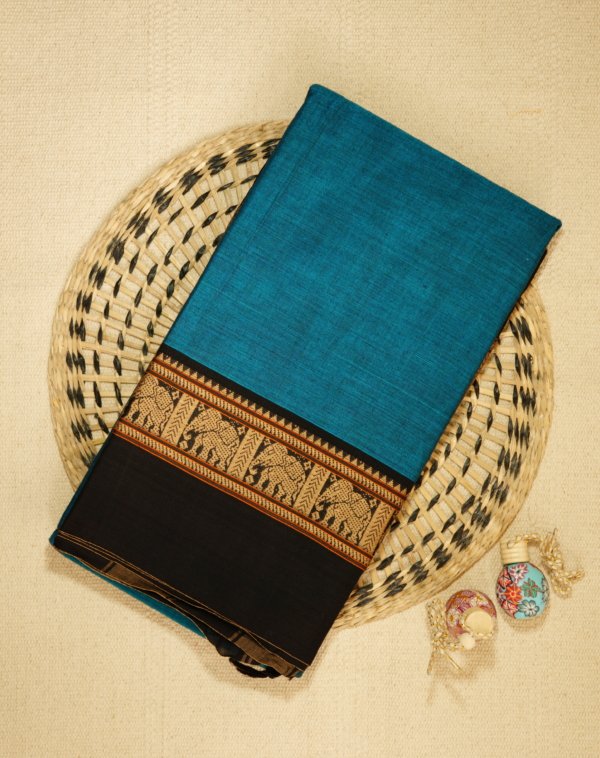 Blue Narayanpet Elephant Border Saree