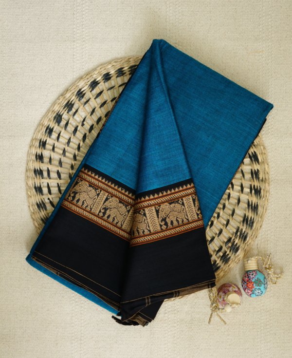 Blue Narayanpet Elephant Border Saree - Image 2
