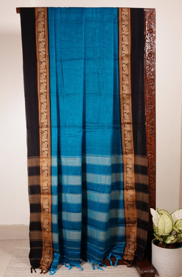 Blue Narayanpet Elephant Border Saree - Image 3
