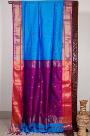 Blue Maheshwari Paithani Border Saree