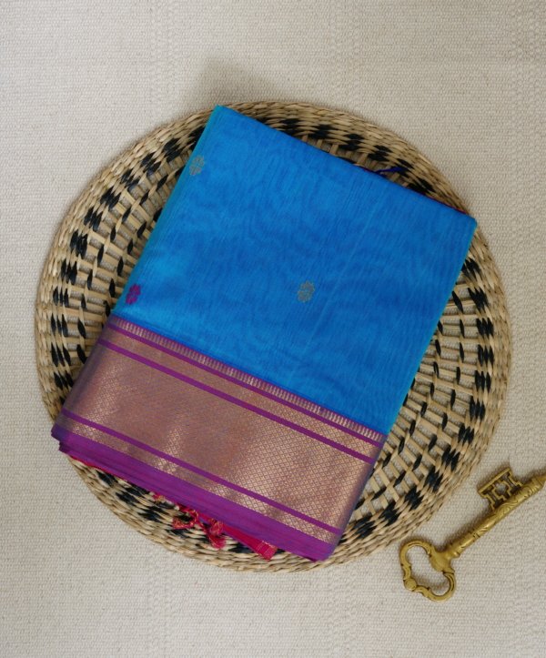 Blue Maheshwari Paithani Border Saree - Image 2