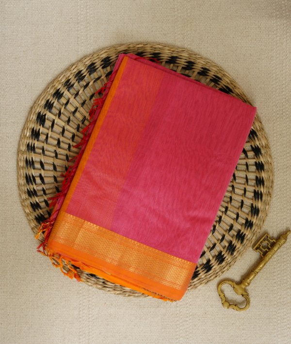 Bright Pink Maheshwari Kosa Silk Pallu Saree - Image 2