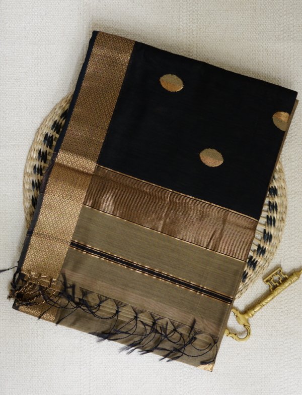 Bronze-Gold and Black Maheshwari with Coin Butti Saree - Image 2