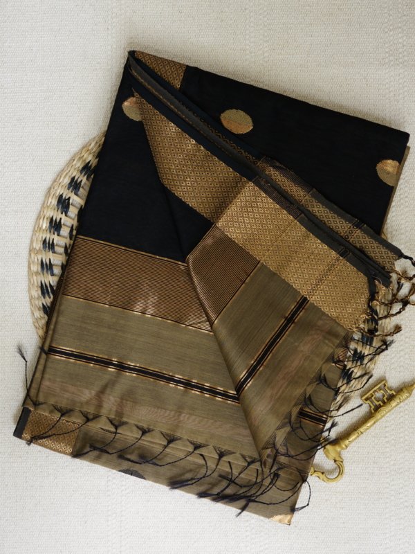 Bronze-Gold and Black Maheshwari with Coin Butti Saree - Image 4
