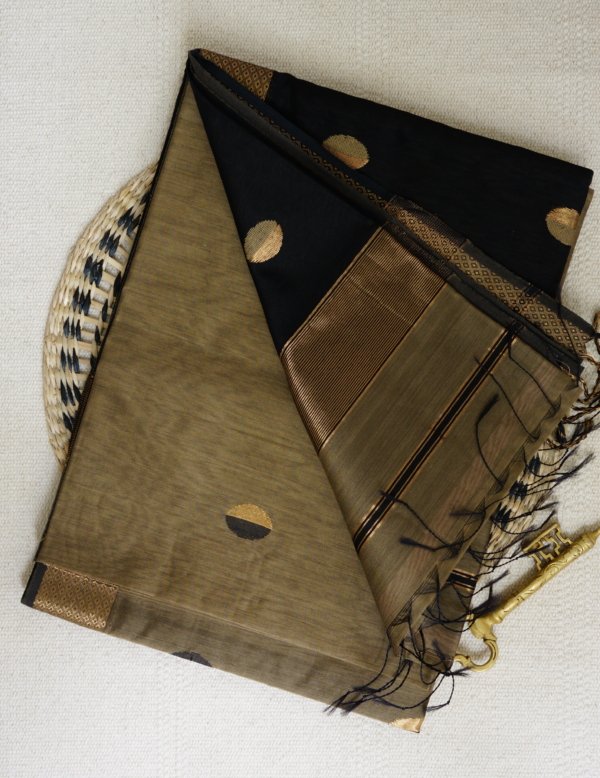 Bronze-Gold and Black Maheshwari with Coin Butti Saree - Image 3