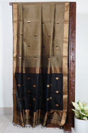 Bronze-Gold and Black Maheshwari with Coin Butti Saree